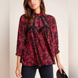 Bhanuni by Jyoti Red Black Lace Detail Top Size Medium